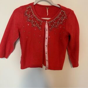 Vintage Free People Coral Wool & Angora Sweater with Beadwork Embroidery XS